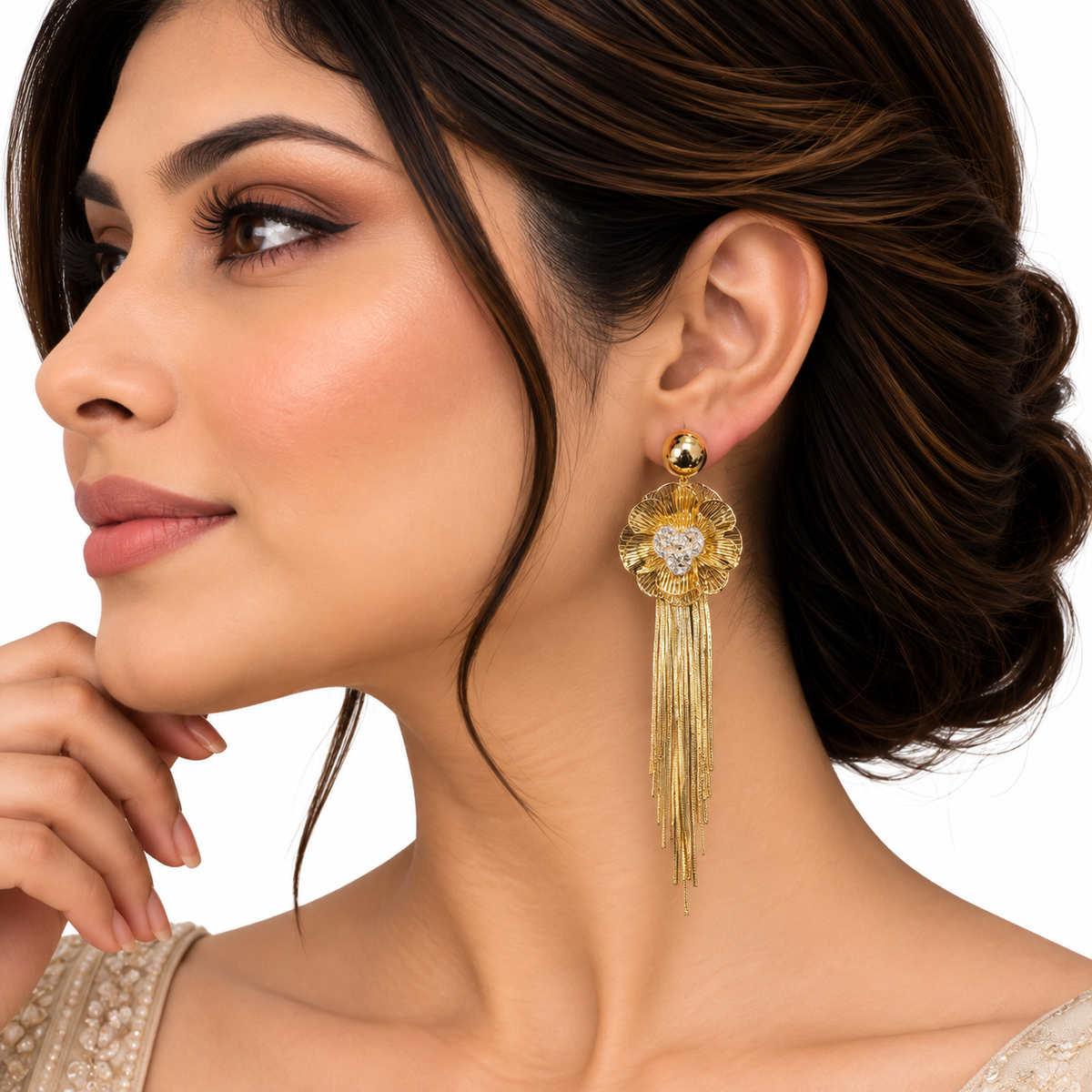 Gold Floral Crystal Tassel Drop Earrings for Women