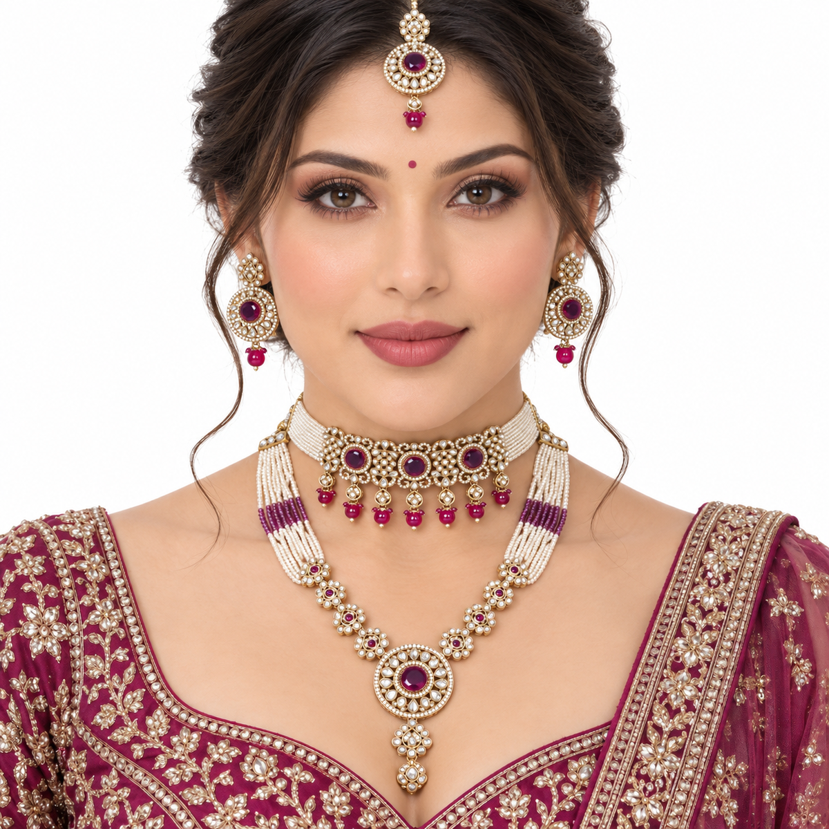 Ruby Pearl Gold Necklace Set With Layered Beads