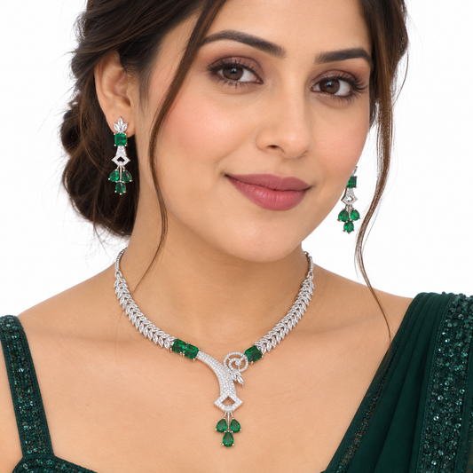 Emerald Green Silver Necklace Set With Drop Earrings