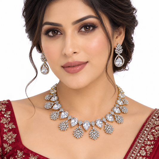 Crystal Teardrop Floral Necklace Set With Earrings