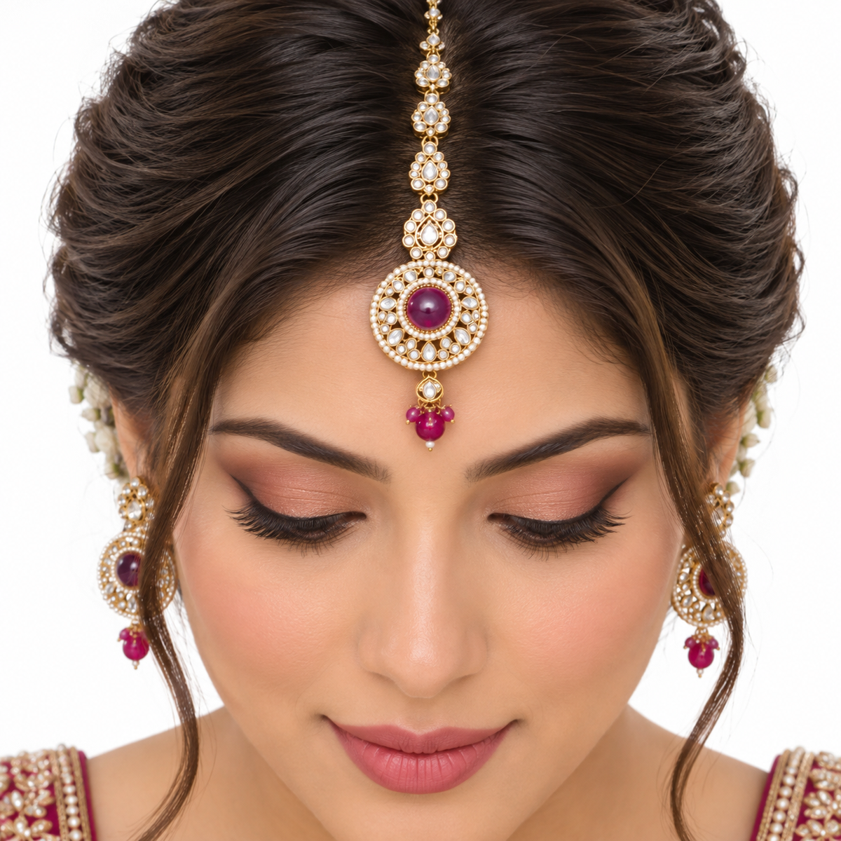 Ruby Pearl Gold Necklace Set With Layered Beads
