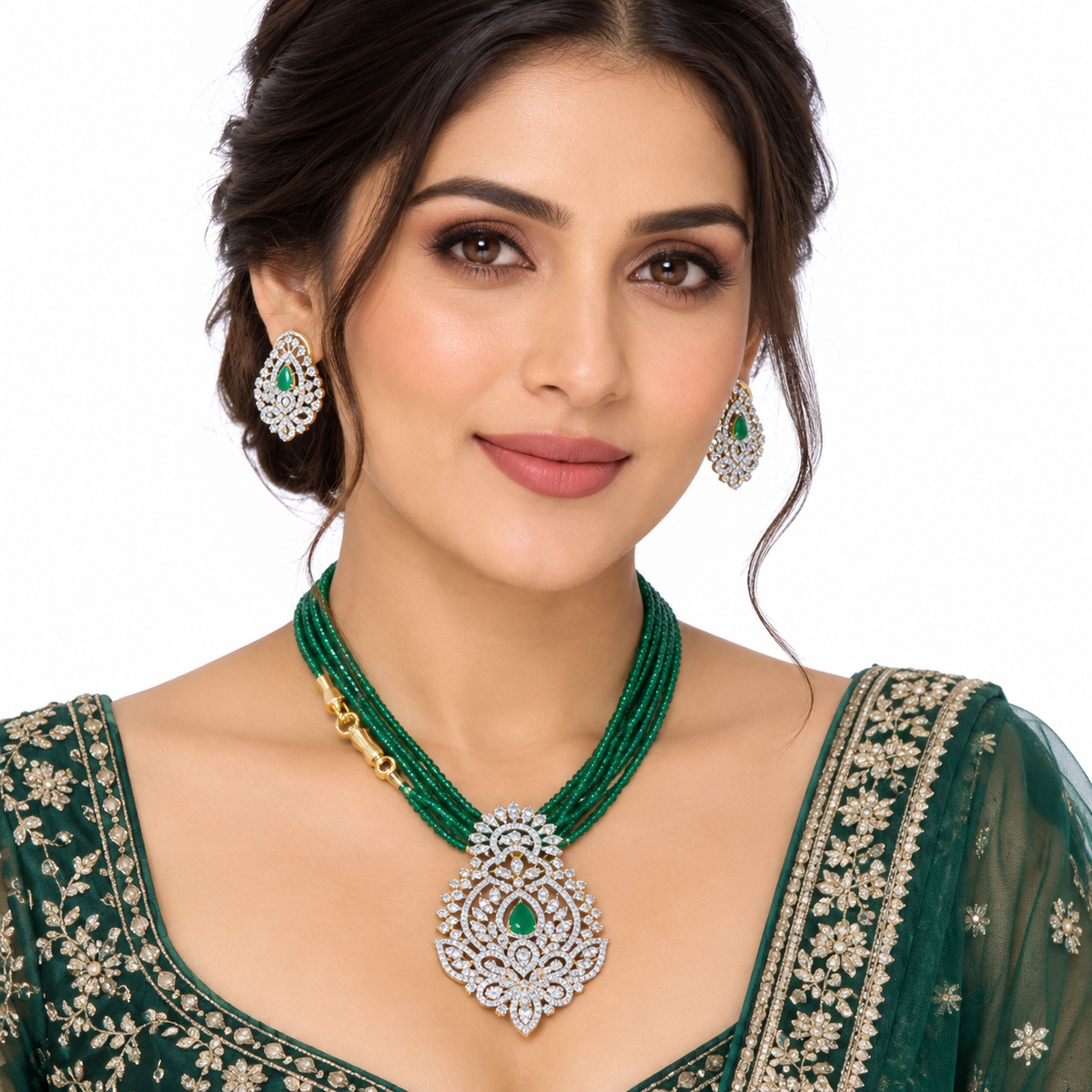 Green Beaded Necklace Set with Emerald Kundan Pendant
