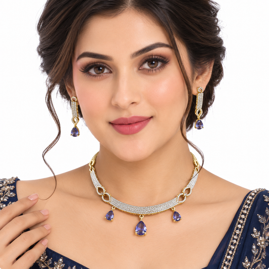 Purple Teardrop Crystal Necklace Set With Earrings