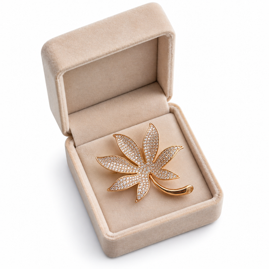 Elegant Gold Floral Crystal Leaf Brooch