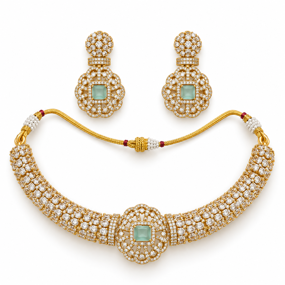 Elegant Green Kundan Choker Set With Floral Earrings