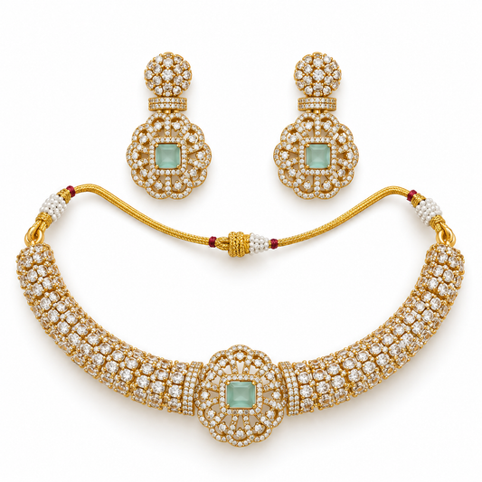 Elegant Green Kundan Choker Set With Floral Earrings