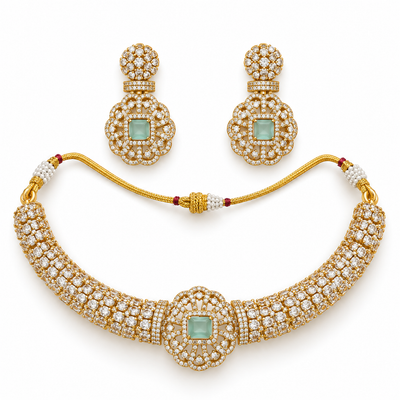 Elegant Green Kundan Choker Set With Floral Earrings