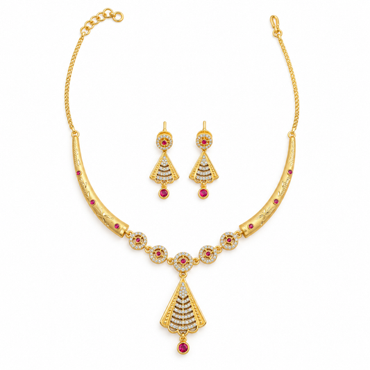 Elegant Ruby Gold Necklace Set With Triangle Earrings