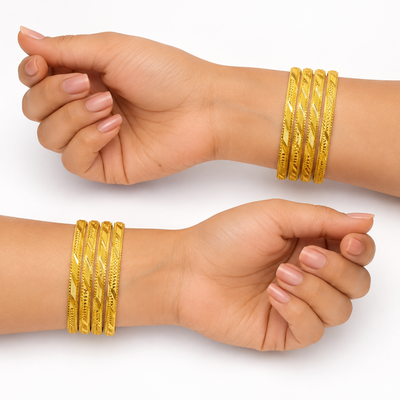 Gold Diagonal Engraved Pattern Bangle Set for Women