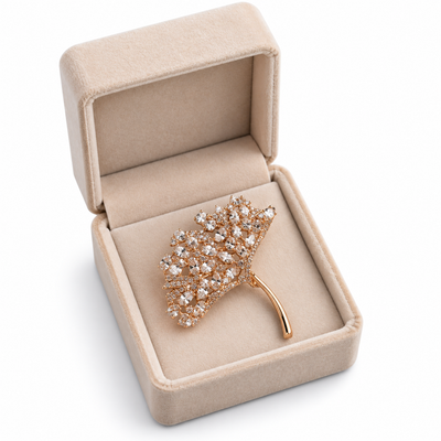 Elegant Gold Crystal Floral Leaf Brooch