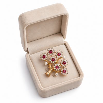 Elegant Gold Floral Ruby Crystal Tree Brooch