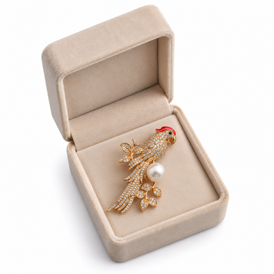 Elegant Gold Parrot Pearl Crystal Brooch