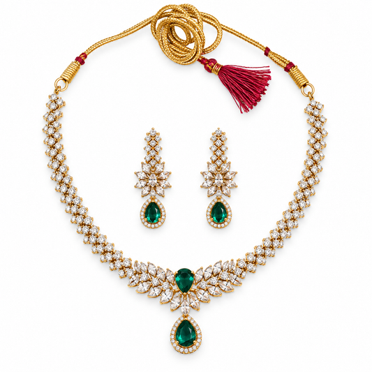 Emerald Floral Necklace Set with Crystal Drop Earrings