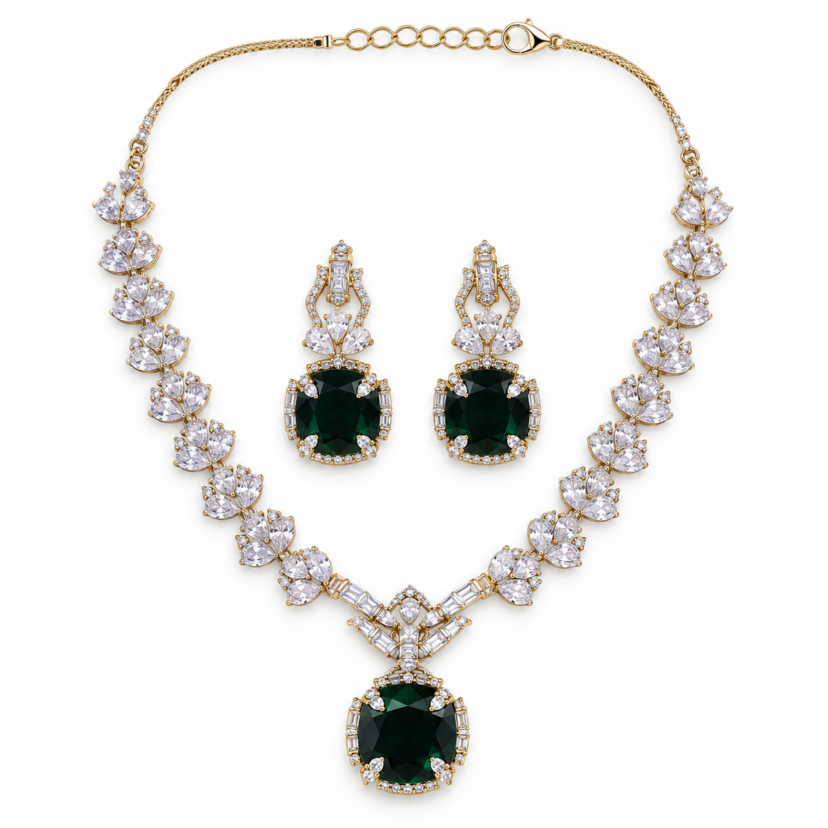 Emerald Green Crystal Floral Necklace Set With Earrings