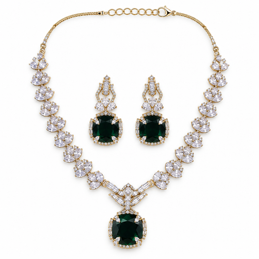 Emerald Green Crystal Floral Necklace Set With Earrings