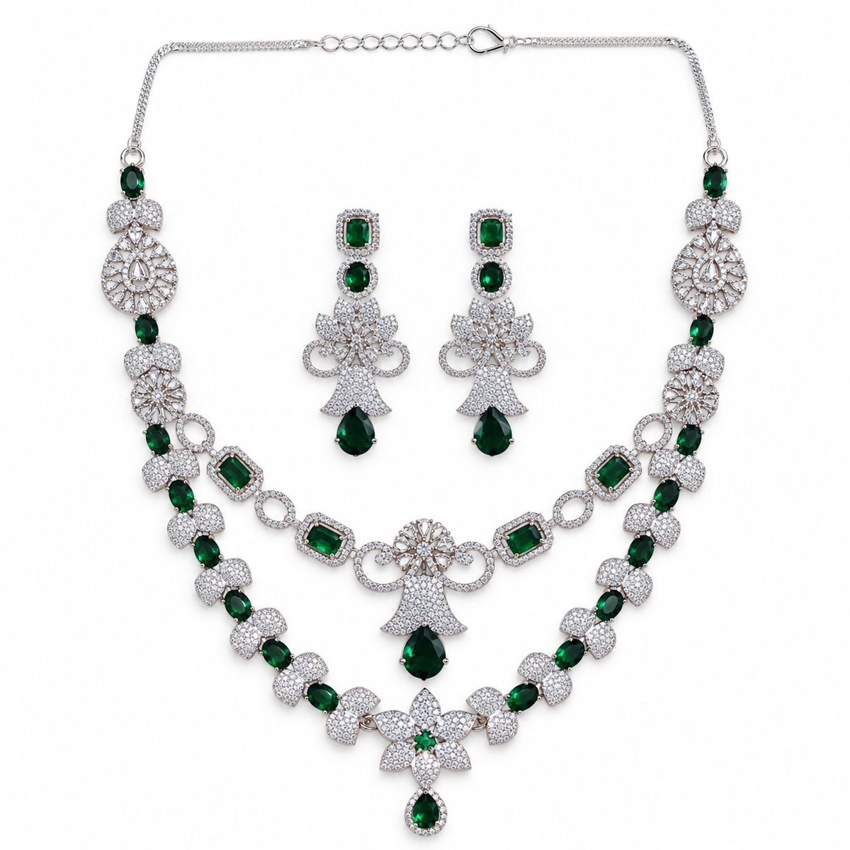 Emerald Green Crystal Layered Necklace Set With Earrings
