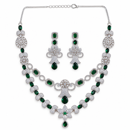Emerald Green Crystal Layered Necklace Set With Earrings