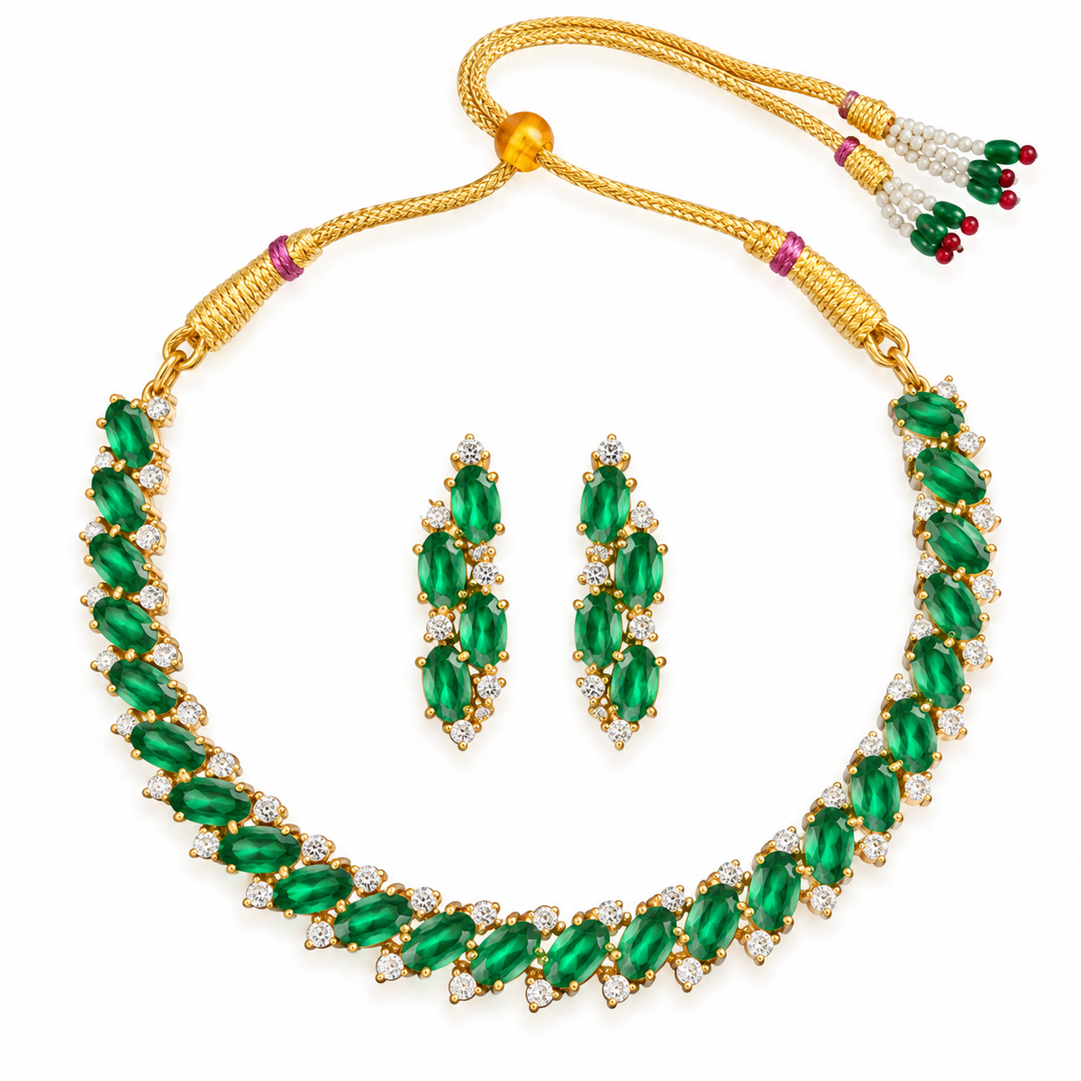 Emerald Green Crystal Necklace Set With Gold Accents
