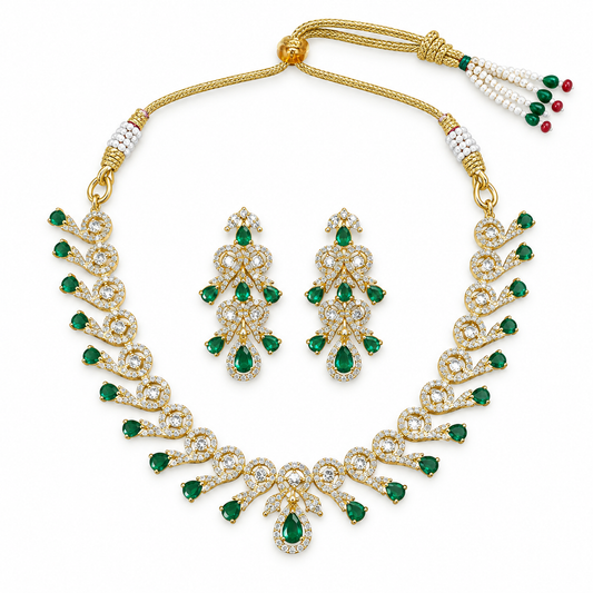 Emerald Green Crystal Necklace Set with Drop Earrings