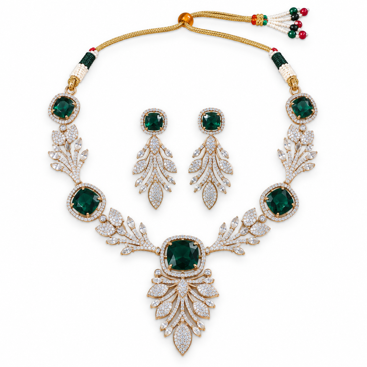 Emerald Green Floral Crystal Necklace Set With Earrings
