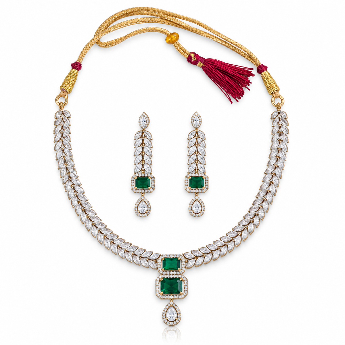Emerald Green Leaf Necklace Set with Crystal Earrings
