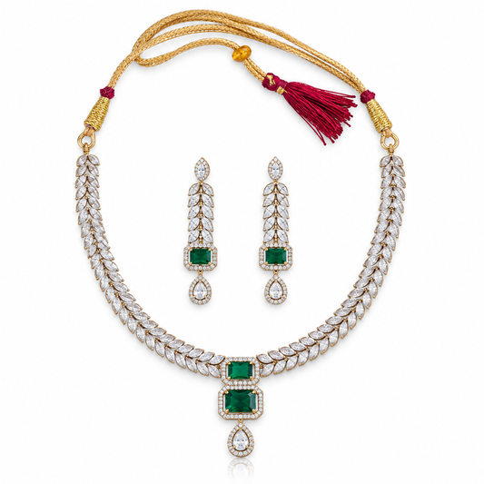 Emerald Green Leaf Necklace Set with Crystal Earrings