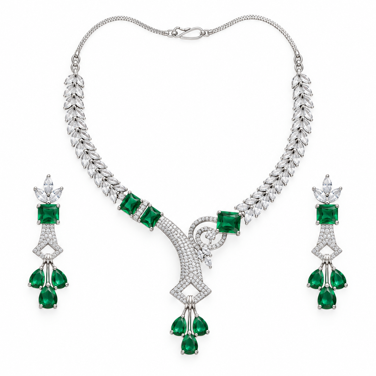 Emerald Green Silver Necklace Set With Drop Earrings