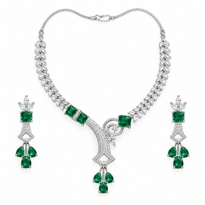 Emerald Green Silver Necklace Set With Drop Earrings