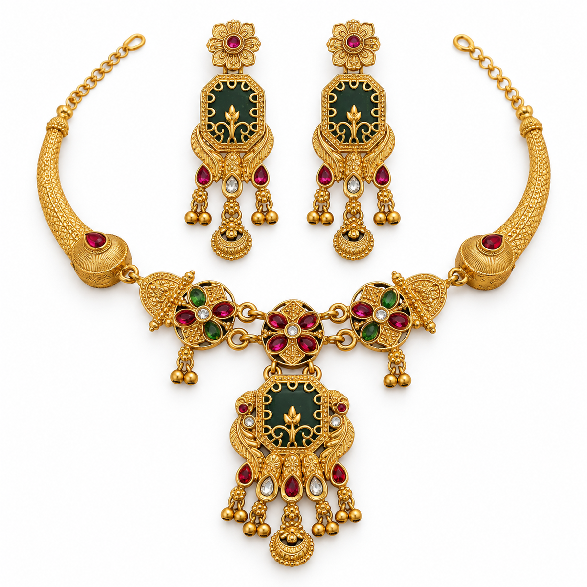 Emerald Ruby Antique Gold Necklace Set With Earrings