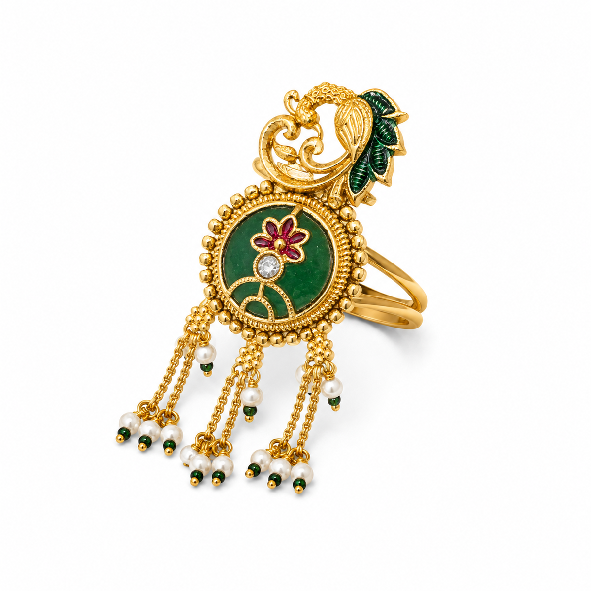 Emerald Floral Pearl Hand Harness Ring