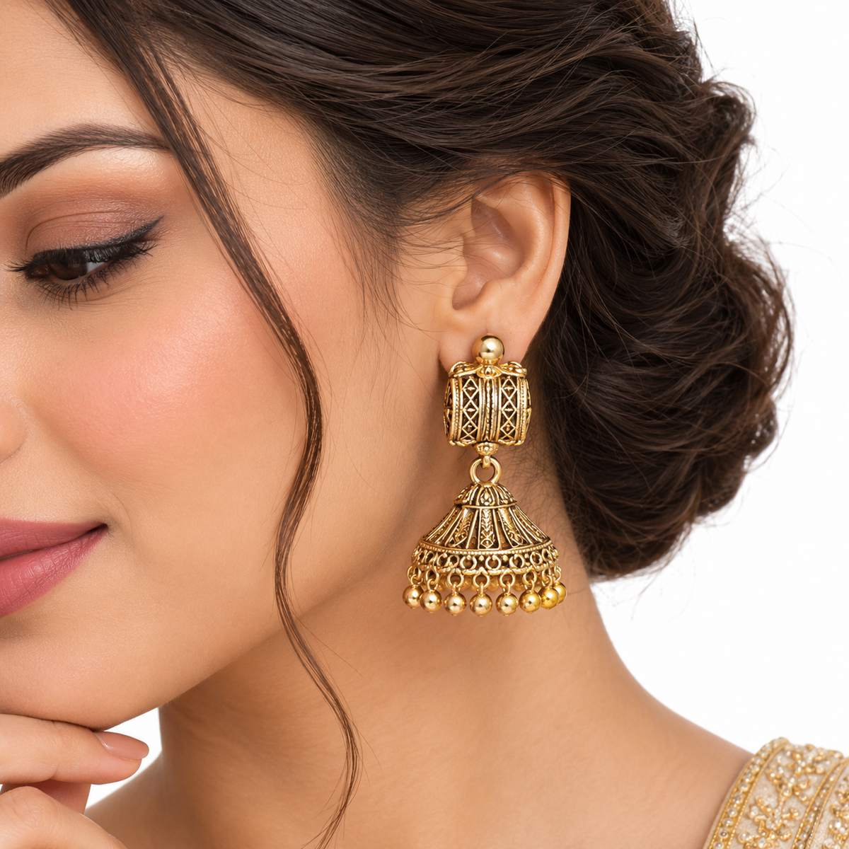 Antique Gold Temple Necklace Set with Jhumka Earrings