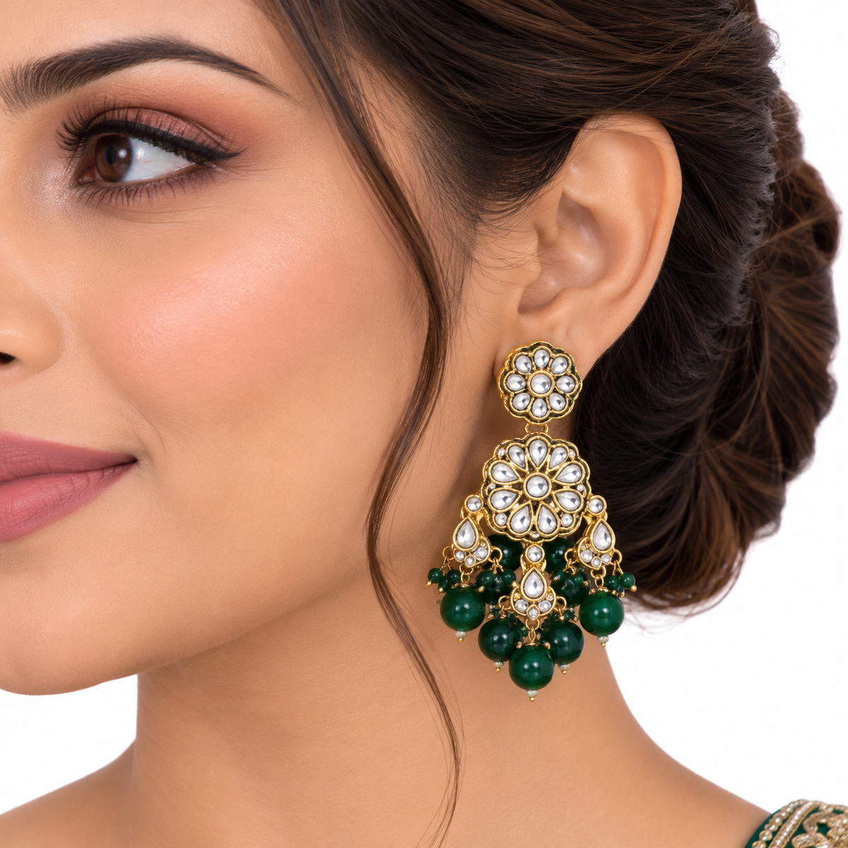 Emerald Green Kundan Necklace Set with Pearl Accents