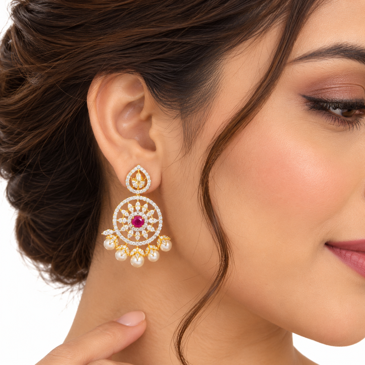 Red Beaded Kundan Necklace Set With Pearl Earrings