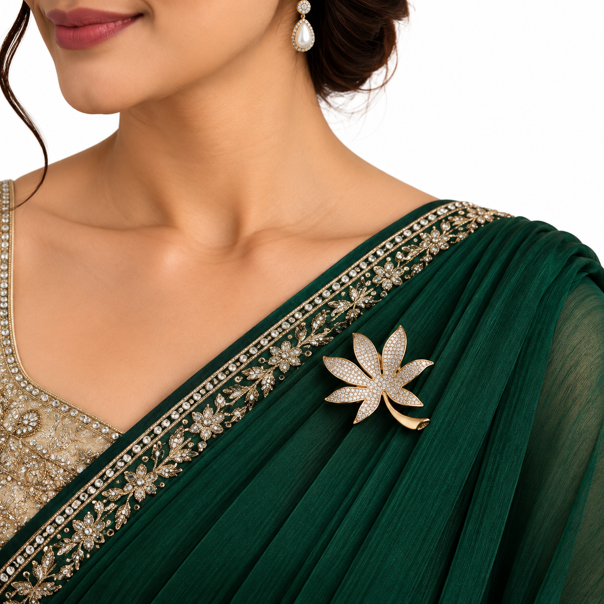 Elegant Gold Floral Crystal Leaf Brooch