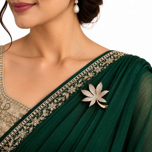 Elegant Gold Floral Crystal Leaf Brooch