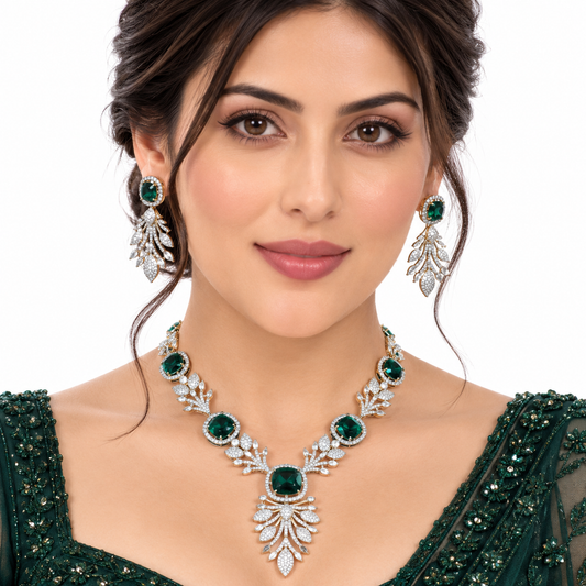 Emerald Green Floral Crystal Necklace Set With Earrings