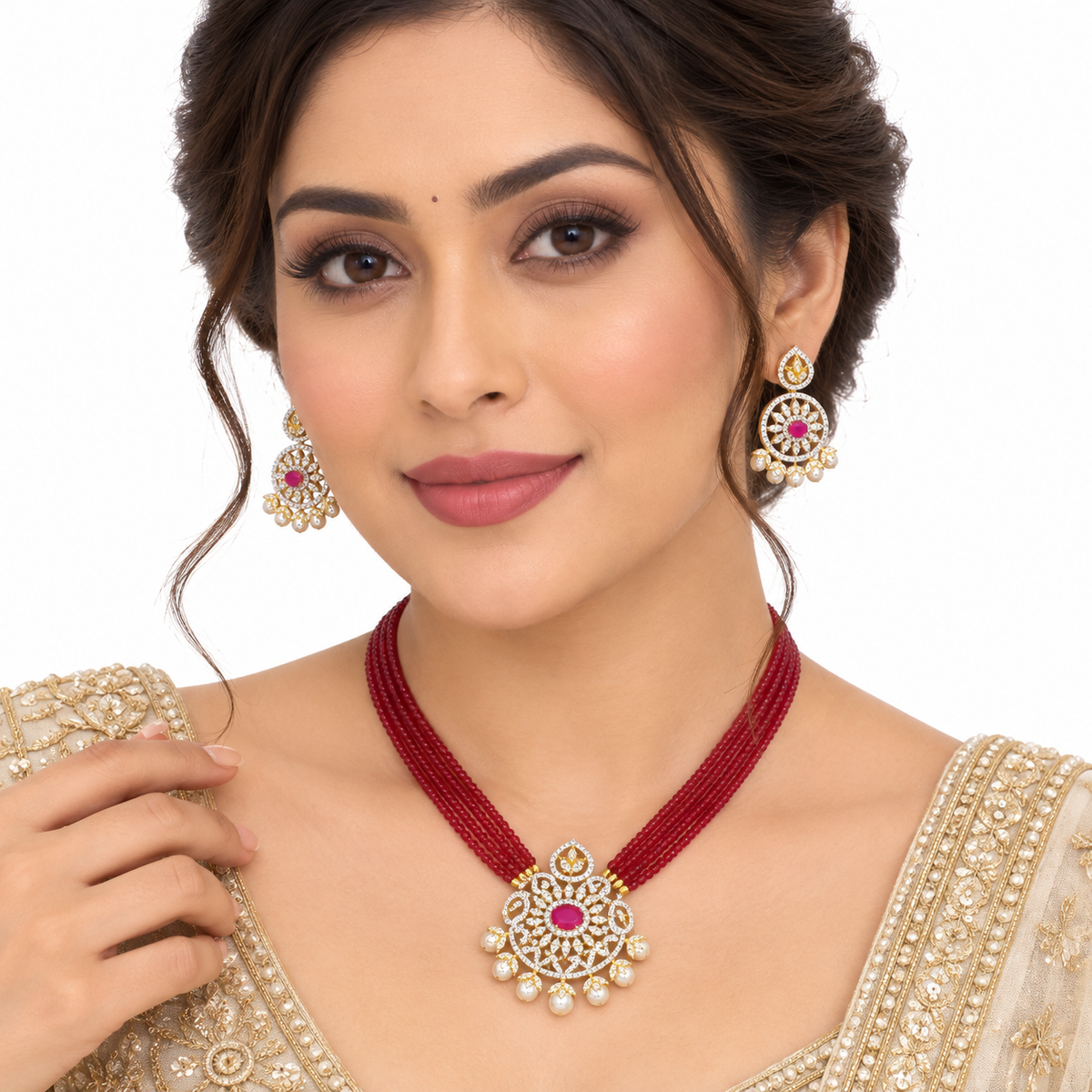 Red Beaded Kundan Necklace Set With Pearl Earrings