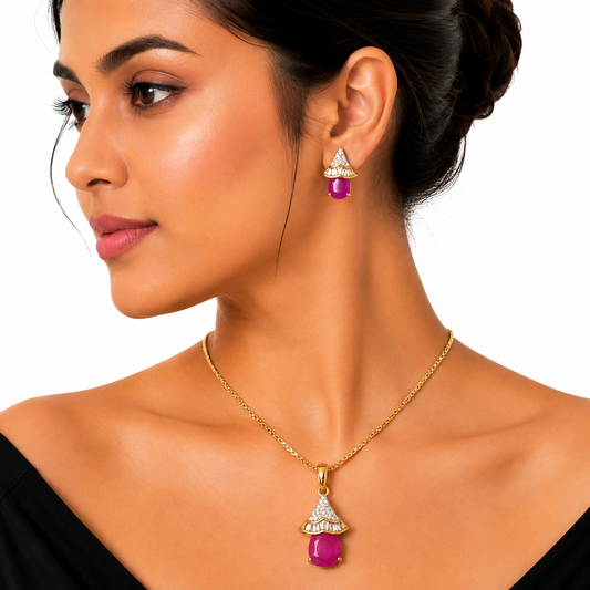 Gold Ruby Drop Crystal Pendant Necklace Set