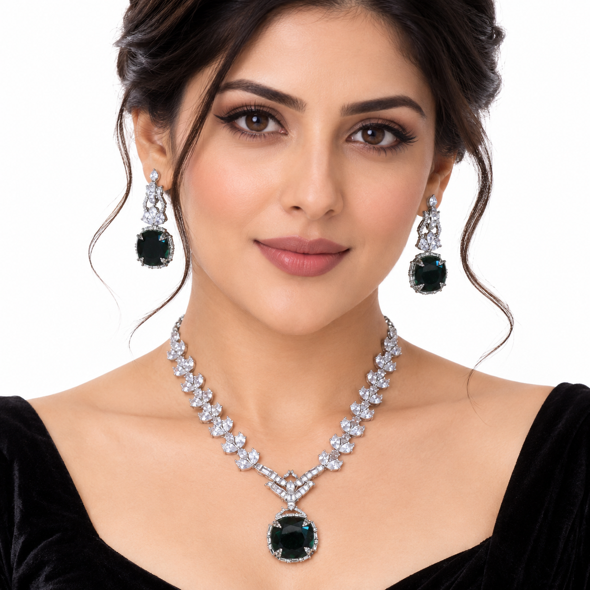 Emerald Green Crystal Floral Necklace Set With Earrings