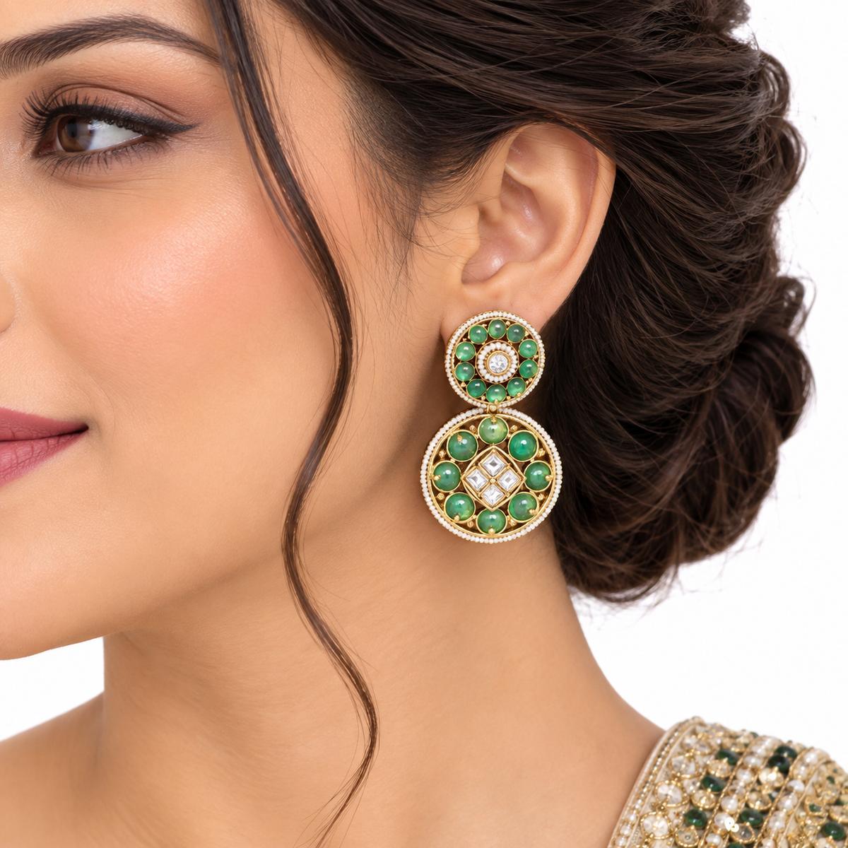 Green Pearl Kundan Necklace Set With Gold Bead Detail