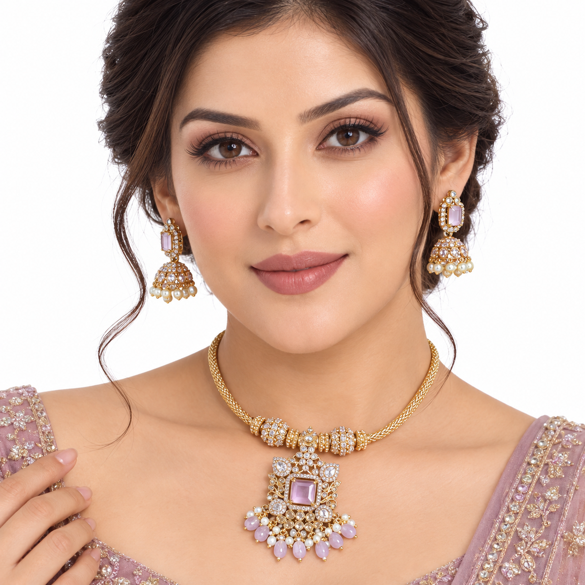 Pink Stone Pearl Kundan Necklace Set With Earrings