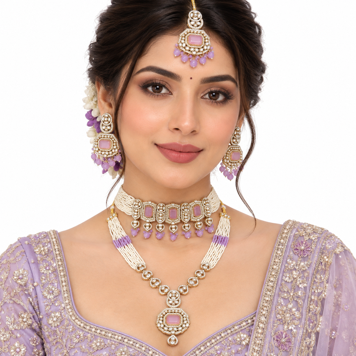 Pastel Pearl Gold Necklace Set With Jhumka Earrings