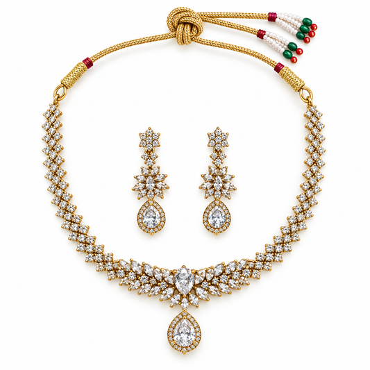 Gold-Plated Crystal Floral Necklace Set with Earrings