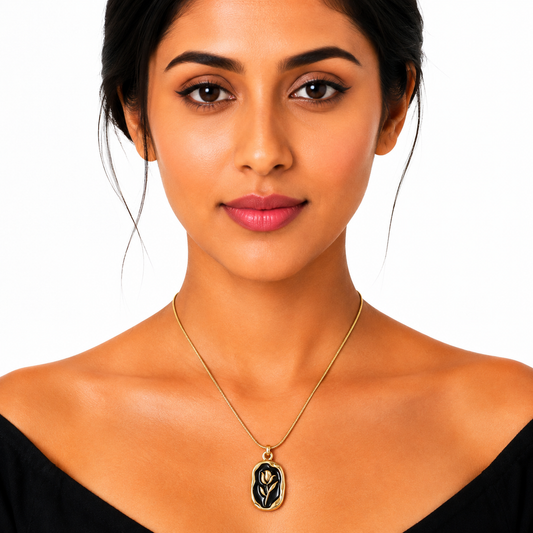Gold Black Floral Enamel Pendant Necklace for Women