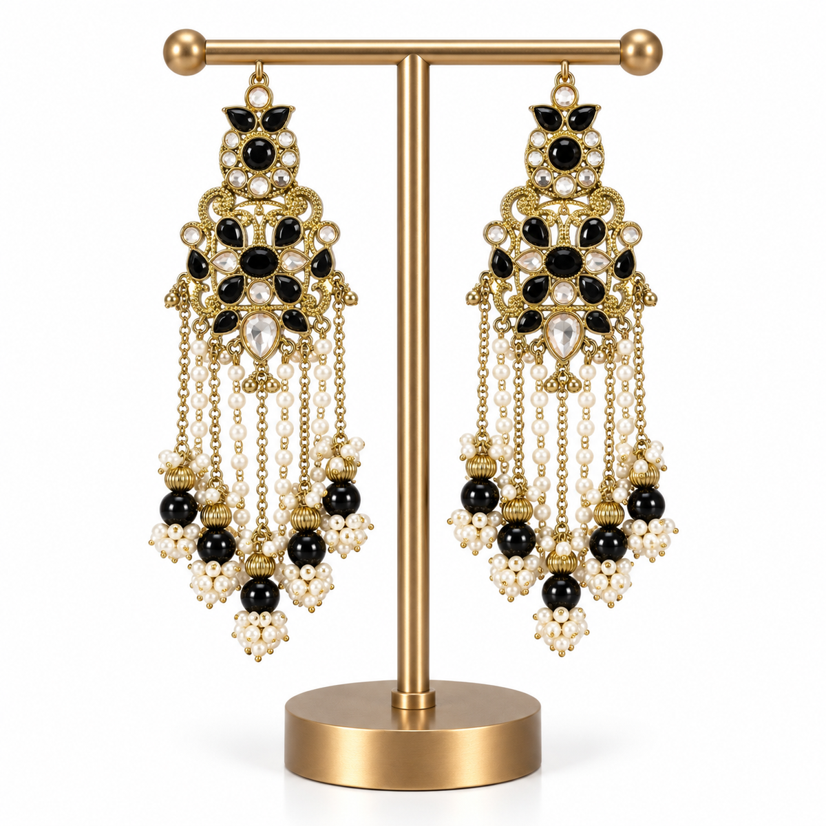 Gold Black Pearl Beaded Drop Earrings for Women