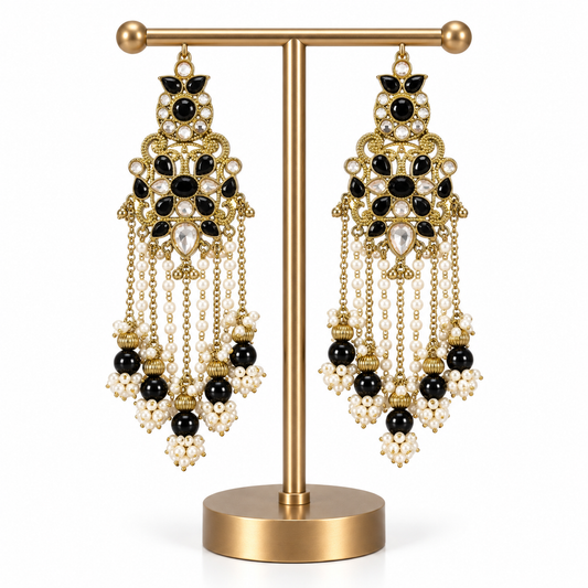 Gold Black Pearl Beaded Drop Earrings for Women