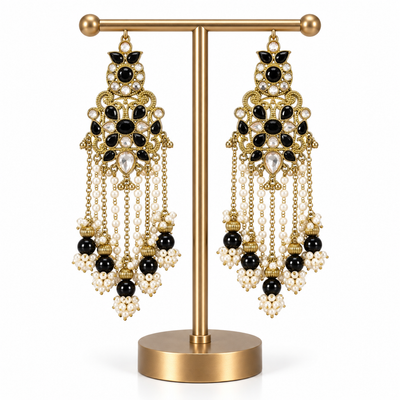 Gold Black Pearl Beaded Drop Earrings for Women