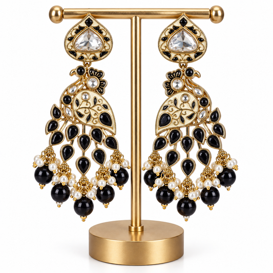 Gold Black Stone Pearl Drop Earrings