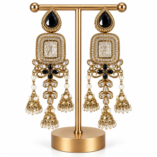 Gold Black Stone Pearl Jhumka Drop Earrings for Women