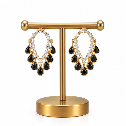 Gold Black Teardrop Crystal Hoop Earrings for Women